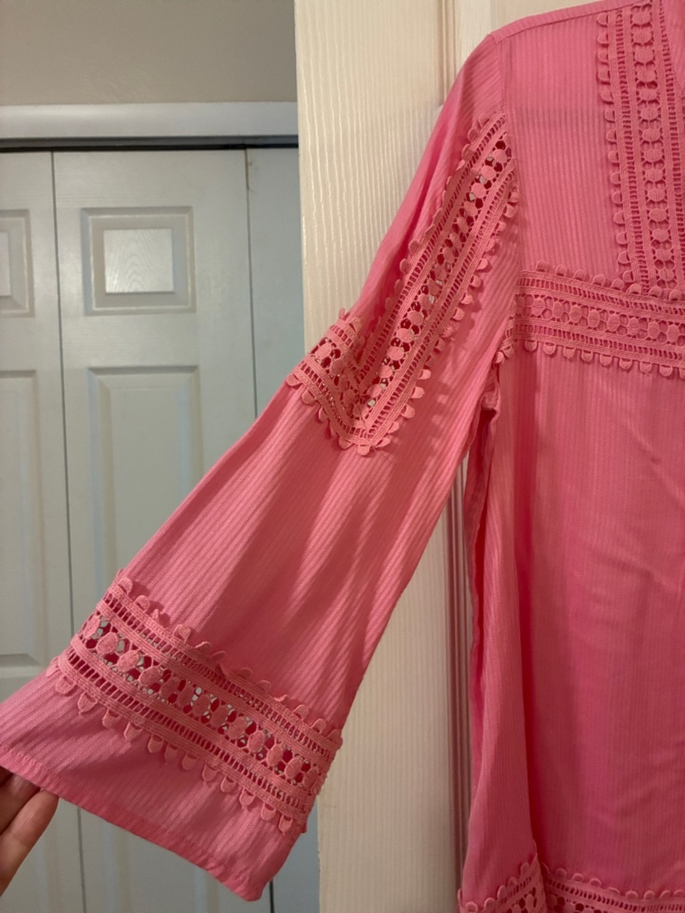 crown & ivy Pink Crochet-Trim Pintuck Peasant Blouse - Picture 5 of 6